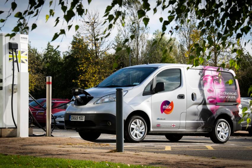 Mitie electric vehicle, plugged in and charging