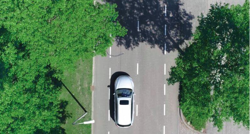 A top-down view of a silver car driving down a tarmacked road, with green tree tops at the side