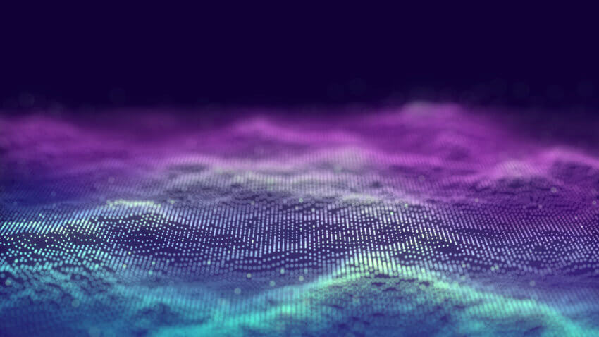 Graphics depicting digital data waves, coloured purple, blue and green