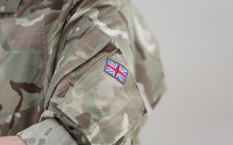 British flag on the arm of a Royal Air Force soldier uniform