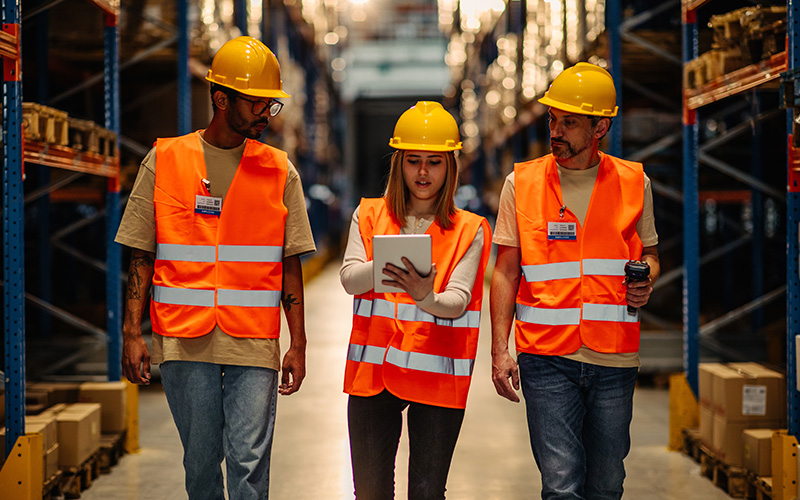 Three workers in hard hats and high vis in a warehouse