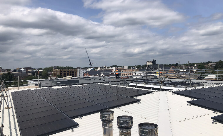 Solar panels on a building roof