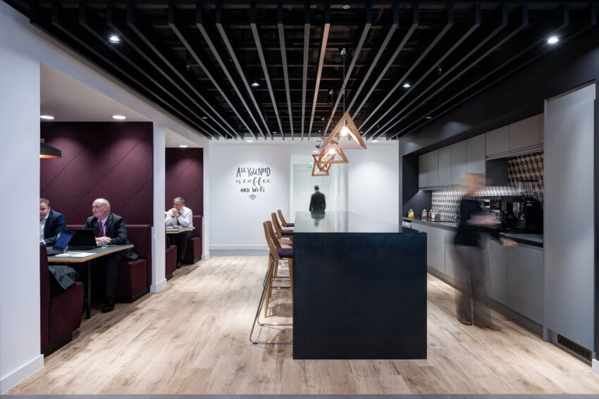 Open plan office kitchen in Mitie's workplace in the Shard