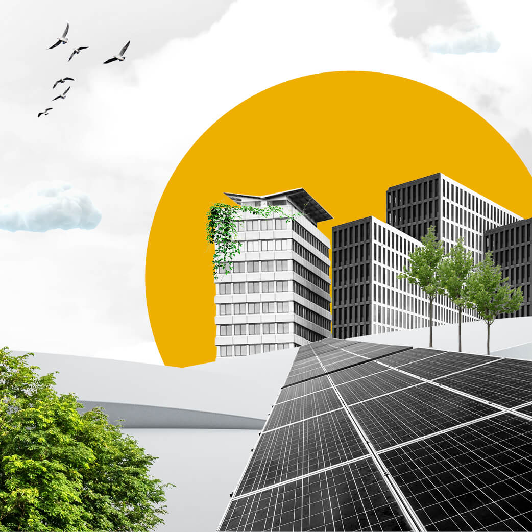 Solar panels charging by green trees and office buildings, with a yellow sun behind