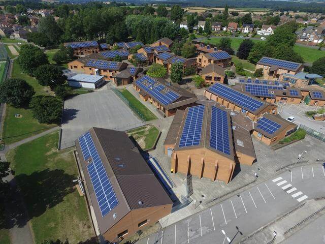 Birds-eye view of Essex County Council buildings with roof solar panels