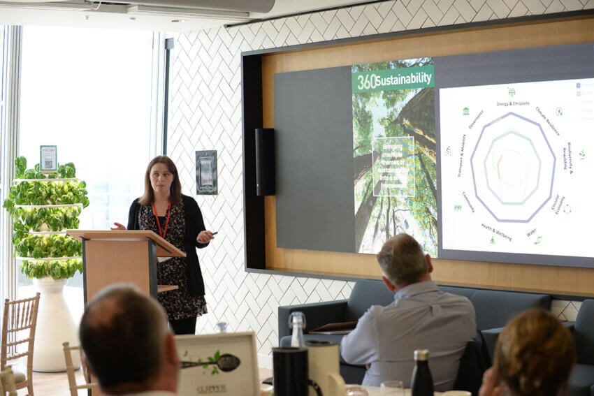 Emma Johnson from Lloyds Banking Group presenting at Mitie's Estate Optimisation event - standing by a window in The Shard, London, and a presentation screen