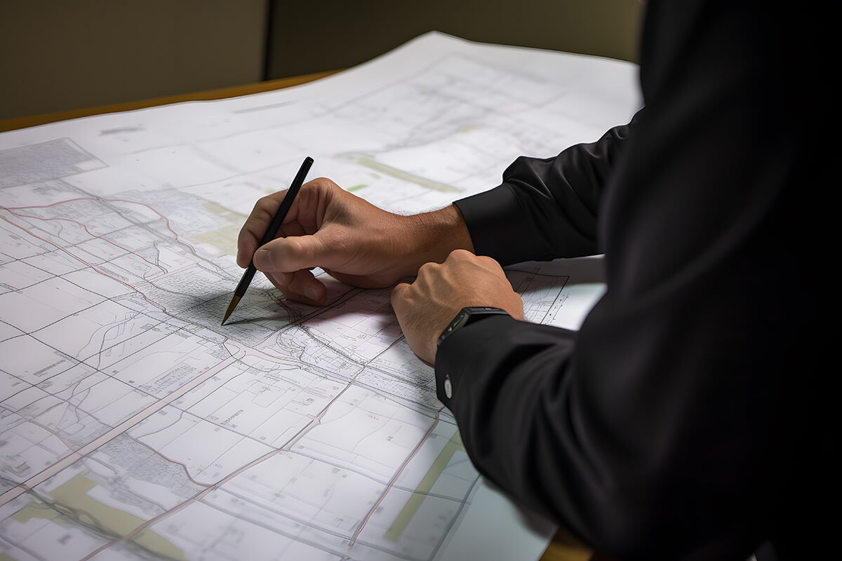 Close-up of hands drawing on unfolded design plans with a pencil