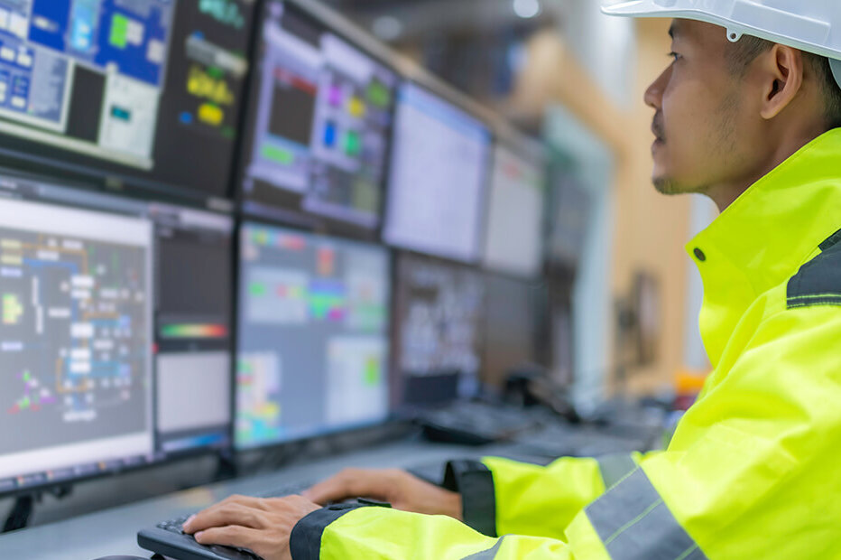 Engineer wearing a high vis jacket and hard hat looking at data on a wall of computer screens