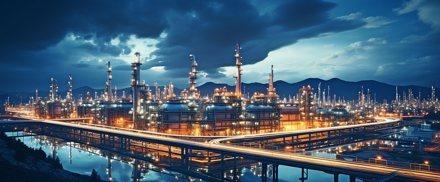 Landscape view of a power plant, lit up at night under a dark and cloudy sky