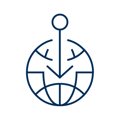 Blue illustration outline of a globe with a downward arrow at the top