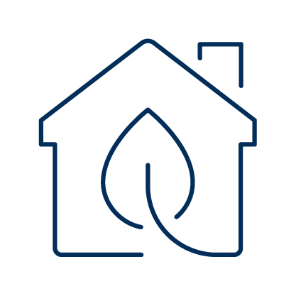 Blue illustration outline of a leaf inside a house