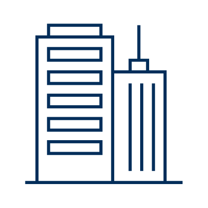 Blue illustration outline of two high-rise urban buildings