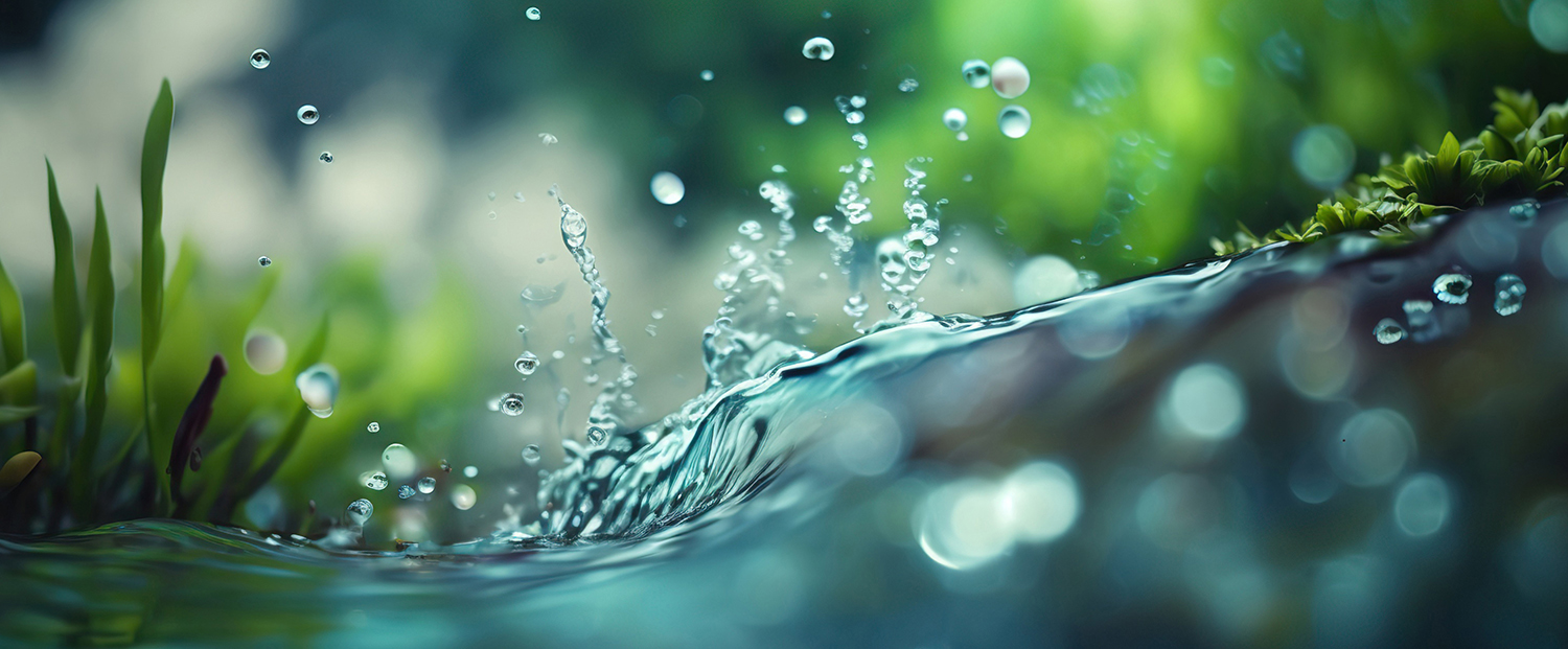 Side on view of water moving in a wave motion, with greenery in the water