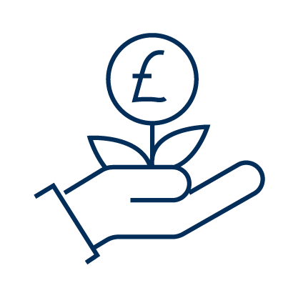 Blue illustration outline of an outstretched hand with a plant growing money in the palm
