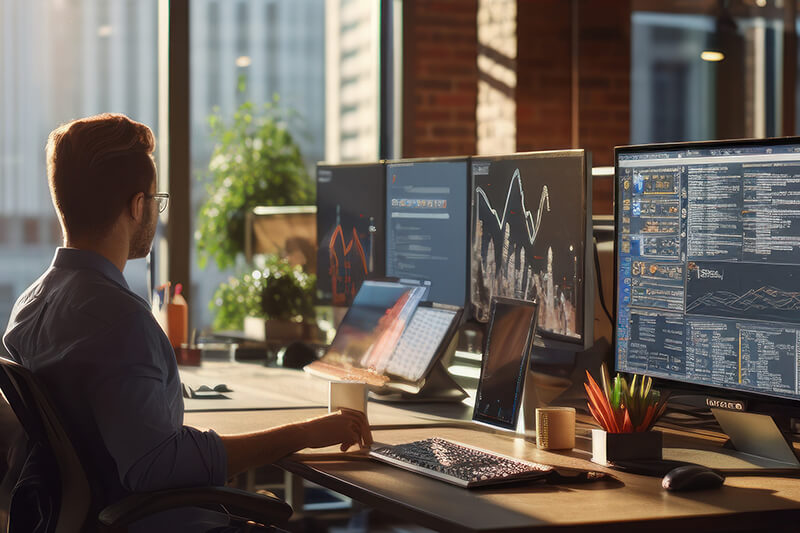 A man sitting at a wooden desk looking at various computer screens showing data and analytics