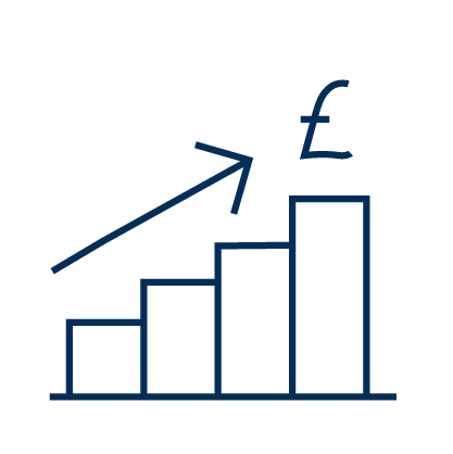 Blue illustration outline of a bar chart showing increasing steps, with an arrow pointing upwards to a £ symbol