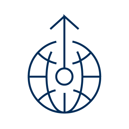 Blue illustration outline of a globe with an upward arrow at the top
