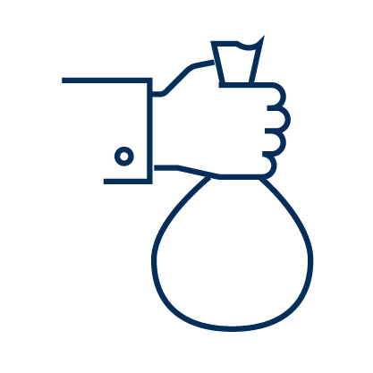 Blue illustration outline of a hand holding a bag, with the top showing above the fist and a round bottom of the bag below