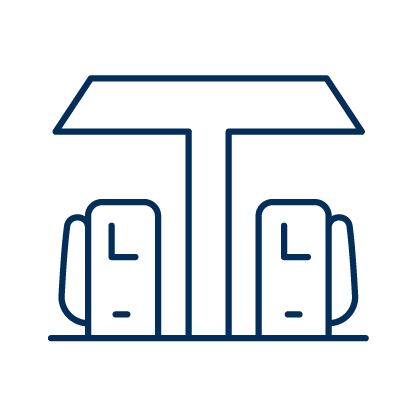 Blue illustration outline of an EV charging station with 'pumps' and a central overhang