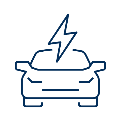 Blue illustration outline of a car from the front point of view, with a lightning bolt at the top