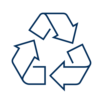 Blue illustration outline of a UK recycling symbol, three arrows pointing at each other in a circular triangle shape