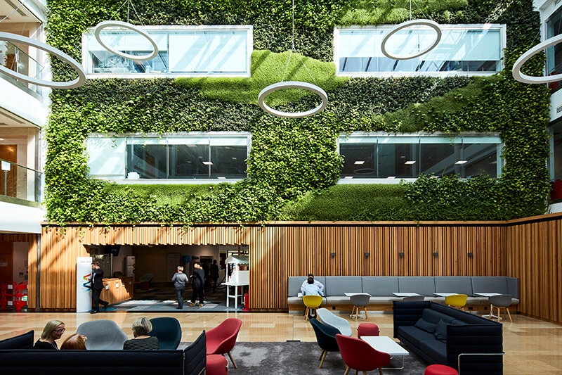 Modern open-plan office reception space with sofas and chairs and a green living wall on the upper levels