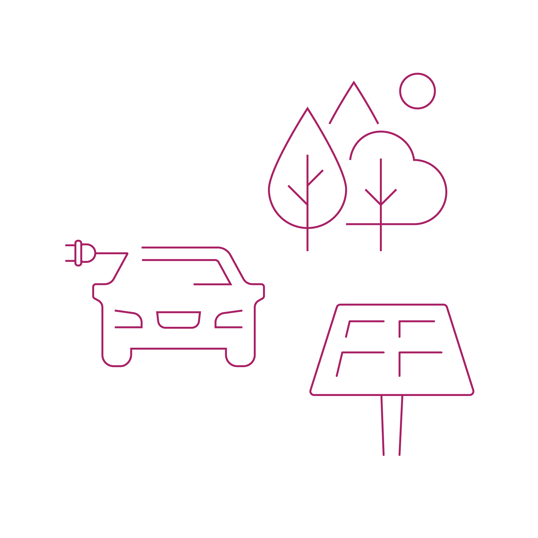 Illustration outline of trees, solar panels and an electric car