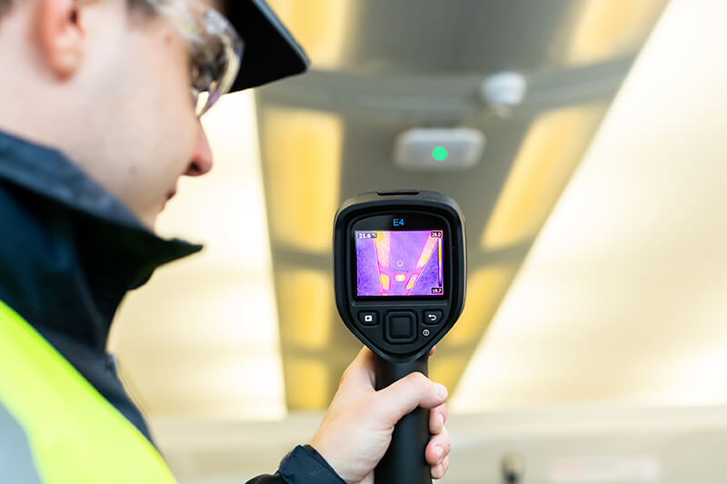 A man in protective equipment, including plastic glasses and high-vis jacket, uses a handheld thermal camera at building vents