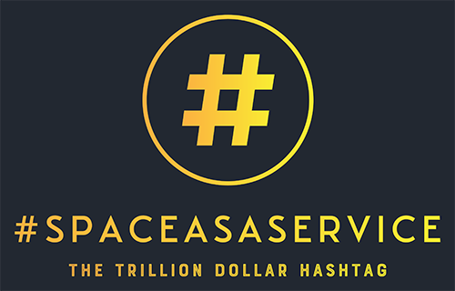 Space as a Service logo - black background with a gold hashtag in the middle of a gold circle outline, in the middle of the top of the image. '#SPACEASASERVICE' is in gold lettering underneath, with slightly smaller lettering on 'THE TRILLION DOLLAR HASHTAG' underneath that