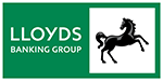 Lloyds Banking Group - a green background with white 'Lloyds Banking Group' lettering in the left-hand side. An illustration of a black leaping horse is in a white box in the right-hand side