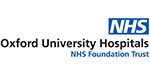 NHS Foundation Trust logo for Oxford University Hospitals - blue background with white italicised 'NHS' lettering, with black lettering of 'Oxford University Hospitals' underneath it. 'NHS Foundation Trust' is in blue lettering underneath this, all ranged to the right