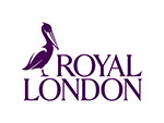 Royal London logo - white background with a purple illustration of a pelican in the top-right corner, with upper-case purple lettering of 'Royal London' underneath