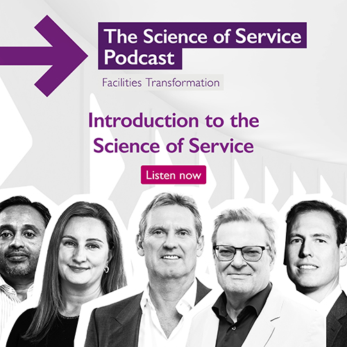 'The Science of Service Podcast: Facilities Transformation' purple lettering at the top of a square image, with a purple arrow pointing right. 'Introduction to the Science of Service' in purple lettering in the middle, with 'Listen now' in a magenta button. Black and white headshots of the contributors at the bottom