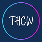 The Human Centric Workplace logo - a dark blue background with white capital letters of 'THCW' in the middle, with a pink and blue gradient circle outline around the letters