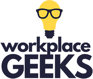 Workplace Geeks logo - an illustration of a yellow lightbulb wearing black framed glasses, with black 'workplace geeks' lettering underneath