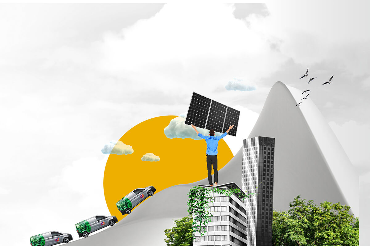Illustrations of two grey and glass office buildings surrounded by green tree-tops and foliage. A man stands on top holding up a solar panel. A grey mountain, white clouds and a yellow sun are in the background, with three Mitie branded vans climbing the hillside