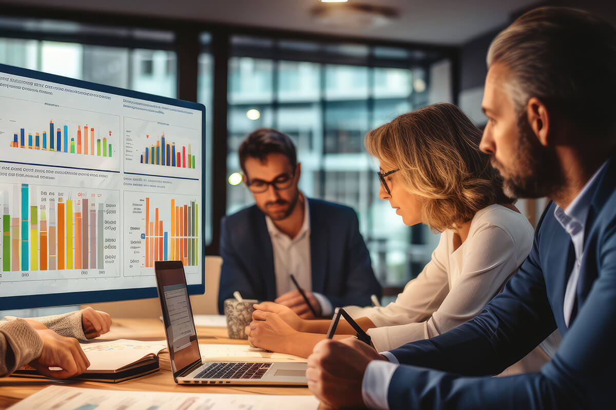 A group of professional people in an office sitting at a desk and looking at data and bar charts on a big screen