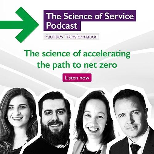 'The Science of Service Podcast: Facilities Transformation' purple lettering at the top of a square image, with a green arrow pointing right. 'The science of accelerating the path to net zero' in green lettering in the middle, with 'Listen now' in a magenta button. Black and white headshots of the contributors at the bottom