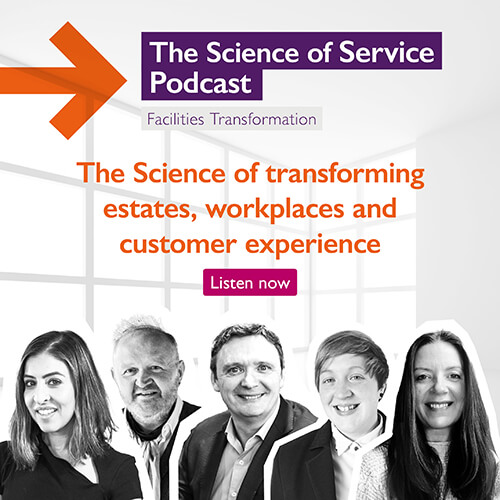 'The Science of Service Podcast: Facilities Transformation' purple lettering at the top of a square image, with an orange arrow pointing right. 'The science of transforming estates, workplaces and customer experience' in orange lettering in the middle, with 'Listen now' in a magenta button. Black and white headshots of the contributors at the bottom