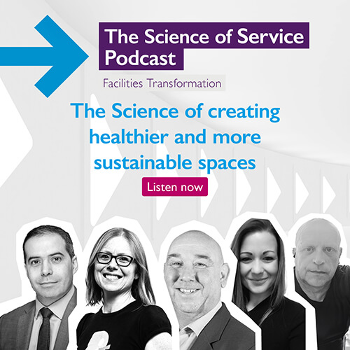 'The Science of Service Podcast: Facilities Transformation' purple lettering at the top of a square image, with a blue arrow pointing right. 'The Science of creating healthier and more sustainable spaces' in blue lettering in the middle, with 'Listen now' in a magenta button. Black and white headshots of the contributors at the bottom