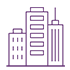 Magenta illustration outline of three urban high-rise buildings