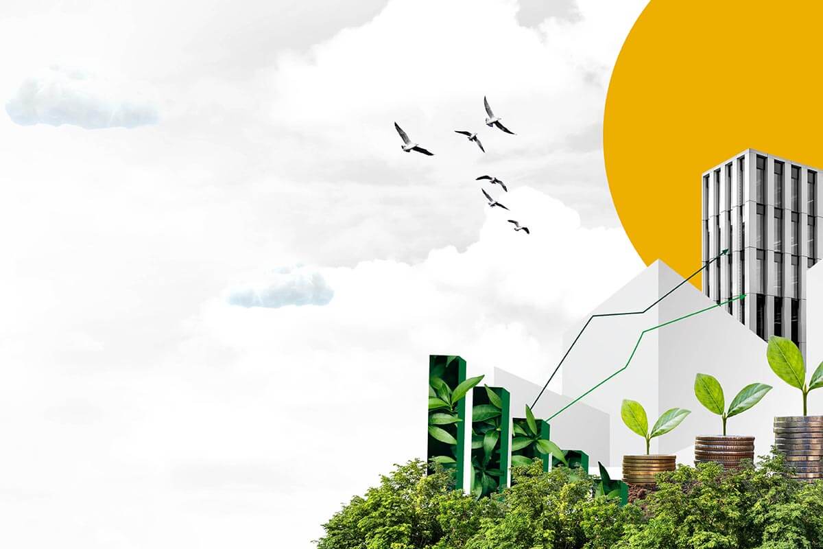 An illustration of commercial decarbonisation services - green leaves and trees in charts, with a grey office building, green upward arrows and a yellow sun behind
