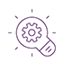 Magenta illustration outline of a lightbulb tilted to the left, with a engineering cog at the centre