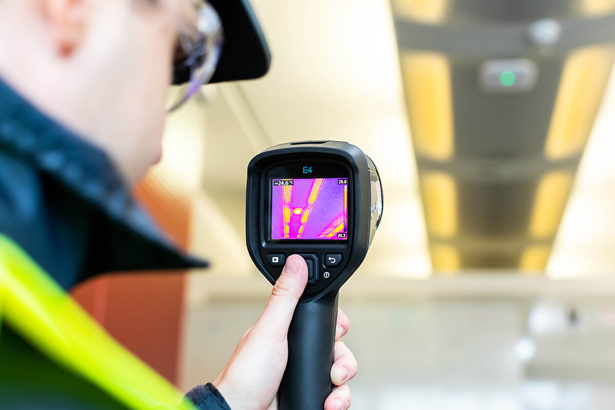 A Mitie employee pointing a thermal camera at electrical lighting