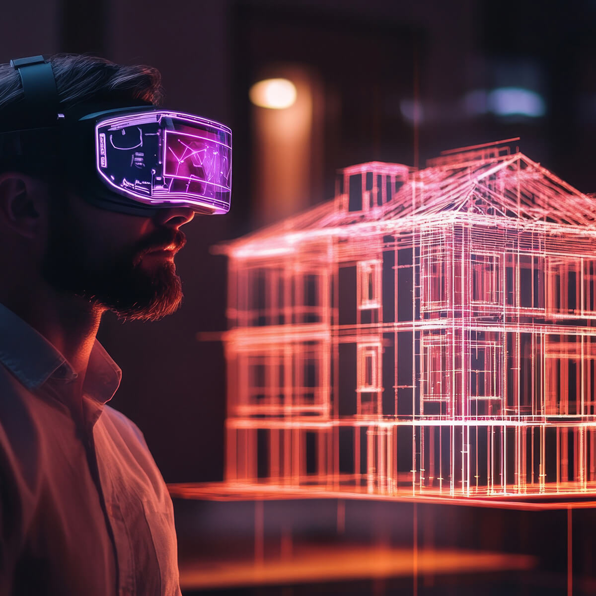 A person wearing a VR headset to view a digital building plan