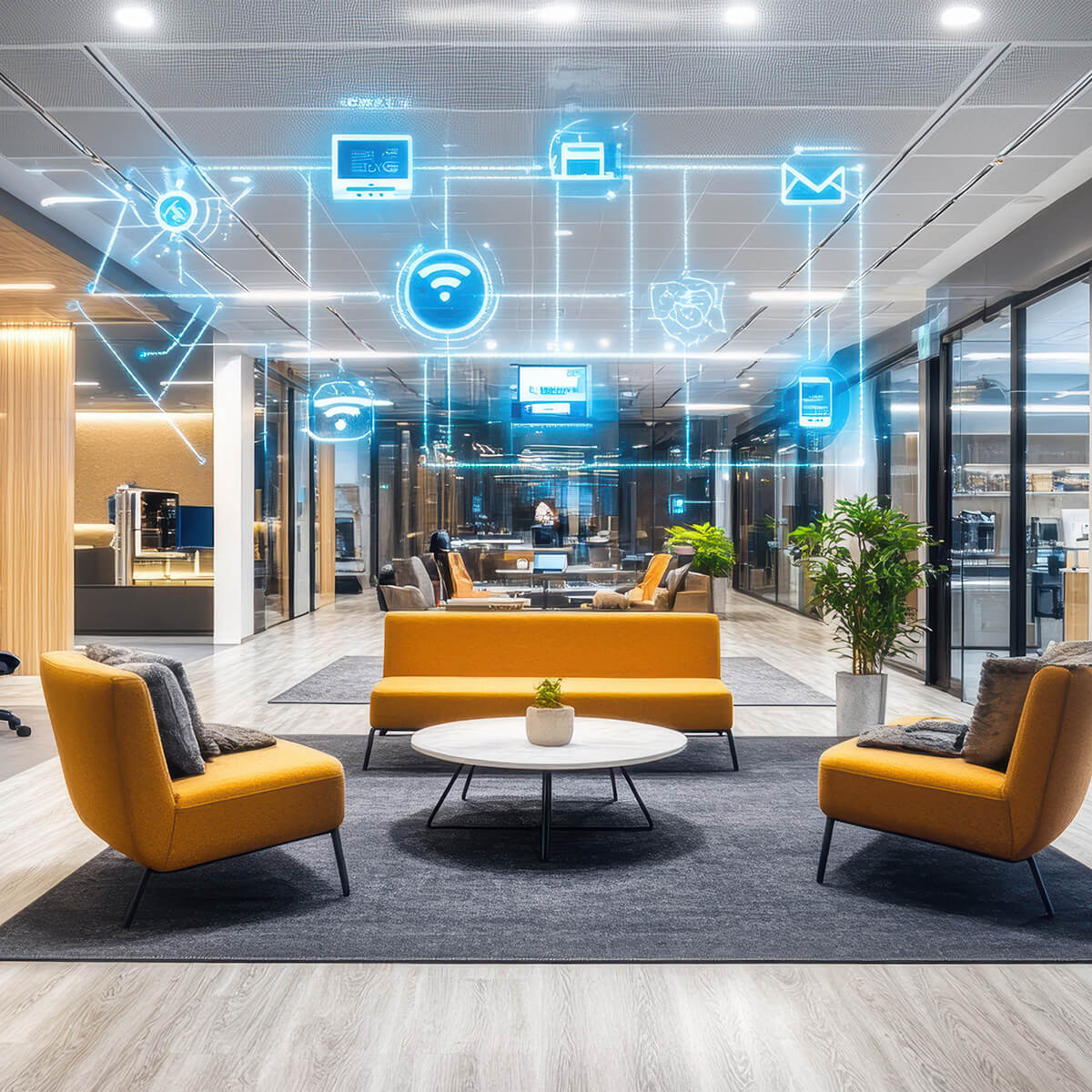 A modern office space with digital icons