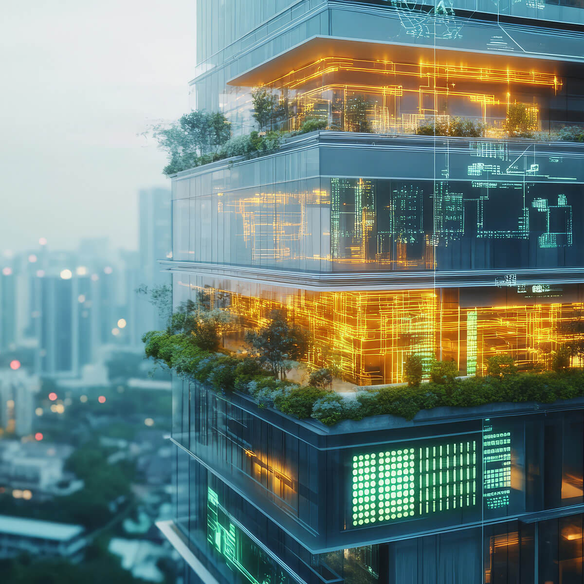 A skyscraper with plants and digital planning outlines