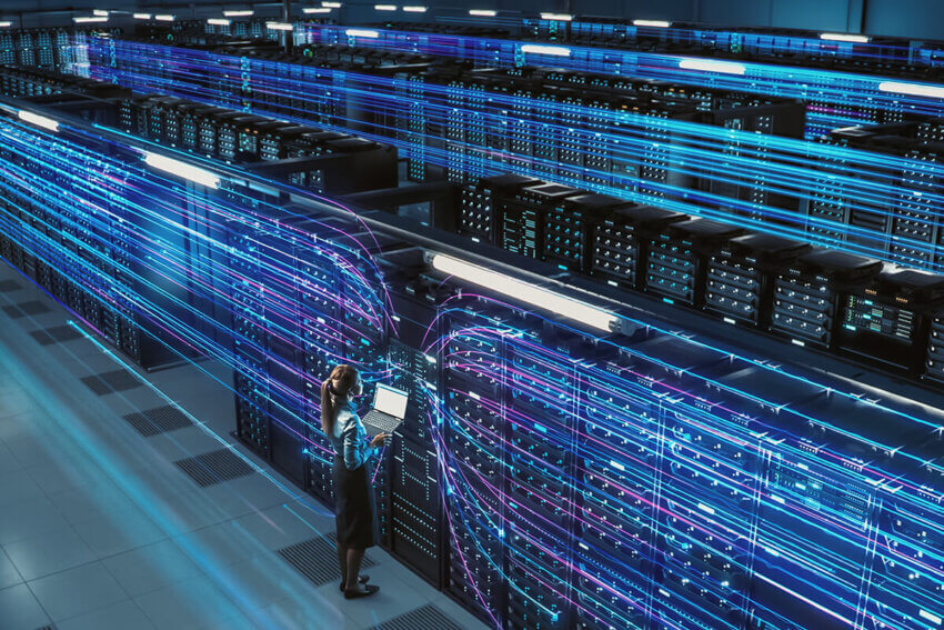 Blue and pink data flowing through a data centre
