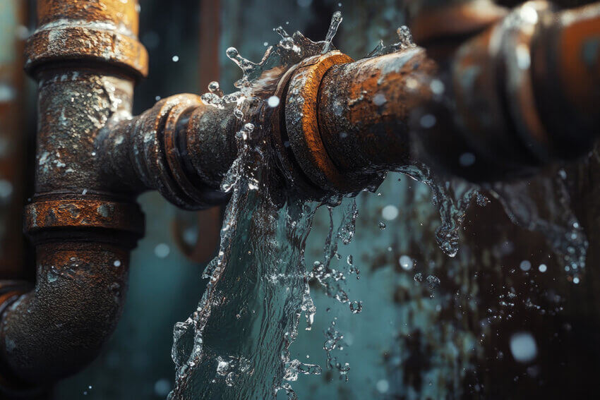 Water leaking out of a joint in a rusty pipe