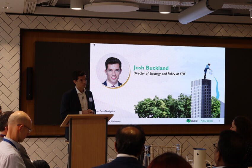 Josh Buckland presenting at Mitie Net Zero Navigator 2025 breakfast briefing